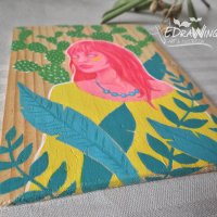 Мини-картина "Флора" / акрил върху дърво / момиче, кактус, цветно, снимка 3 - Картини - 28702719