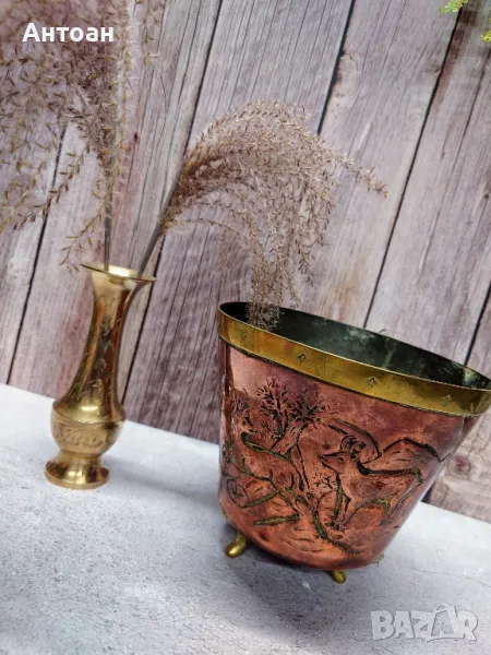 Старинна кашпа мед и месинг - ръчна изработка , снимка 1
