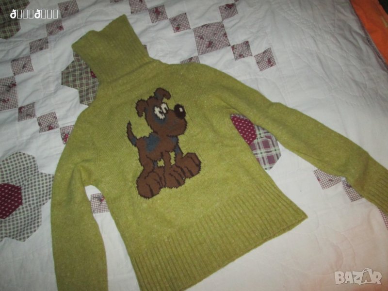 Пуловер с поло Zara вълна зелено куче, снимка 1