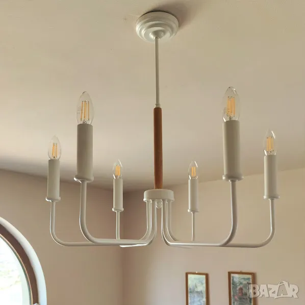 Модерен класически висящ полилей метал с дърво / 6 рамена, снимка 1