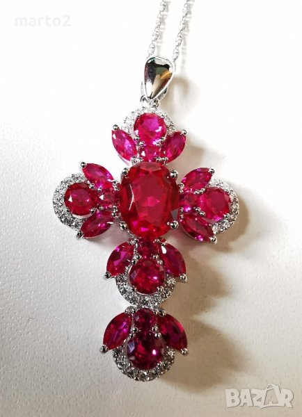 Елегантно Сребърно 925 Колие - Кръст с родиево покритие и Лабораторни Рубини и Циркони!, снимка 1