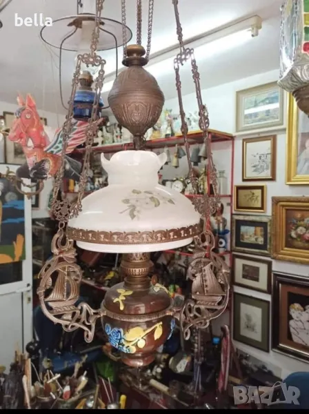 Стар масивен антикварен  полилей ,рисувана керамика ,рисувано стъкло,газено шише,действащ, снимка 1
