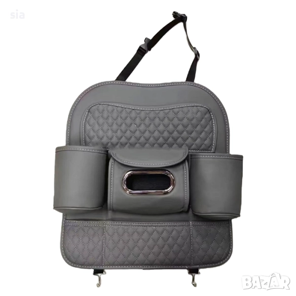 Кожен протектор/ органайзер за авто седалка, 7 отделения, сив, снимка 1