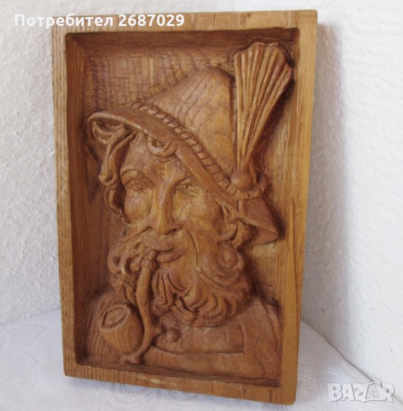 26х17 арт дърворезба мъж с шапка и лула, пано барелеф картина, снимка 1
