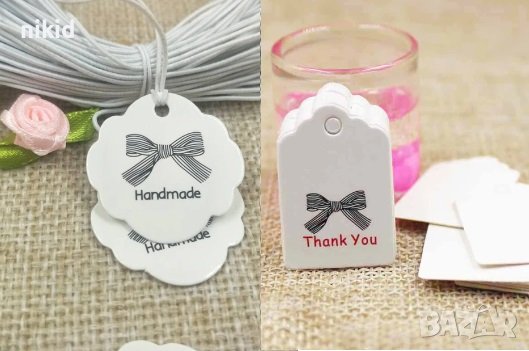 50 правоъгълни кръгли Thank you Handmade Тагове табелки етикети картонени подаръци ръчна изработка, снимка 1
