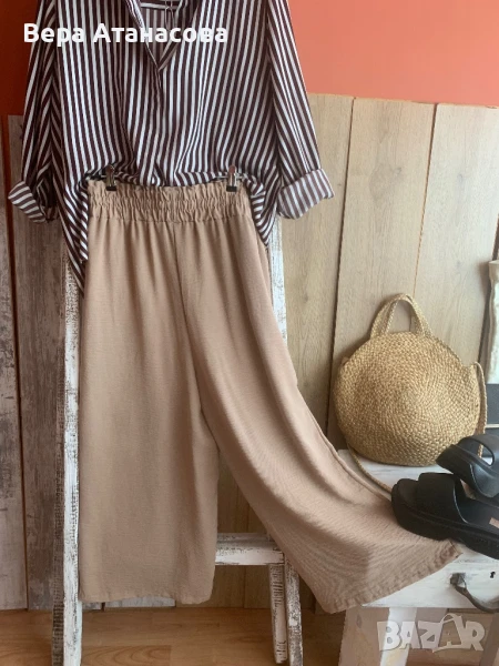 🤎 Ефирен вискозен панталон с широка кройка в телесен цвят🍍, снимка 1