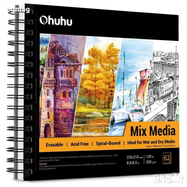 Ohuhu скицник 225x210 mm,със спирала,124 страници/62 листа-200g/m²-Твърди корици-Блок за рисуване, снимка 1