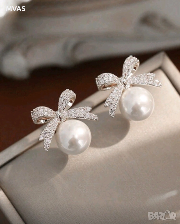 Нови коледни обеци топки перли с блестяща панделка, снимка 1