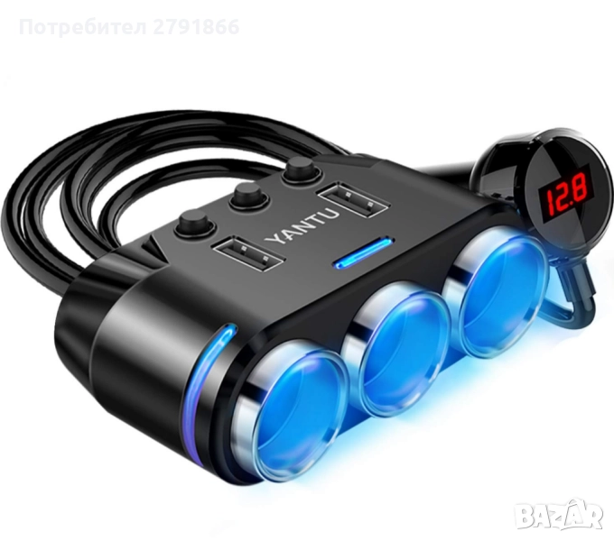 YANTU с кабел, 3 гнезда, разклонител за запалка, двойно USB зарядно за кола с LED монитор 12V/24V, снимка 1
