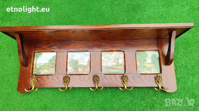 Уникална старинна масивна дъбова закачалка с рафт, двойни  окачвачи  и порцеланови плочки , снимка 2 - Закачалки - 52805960