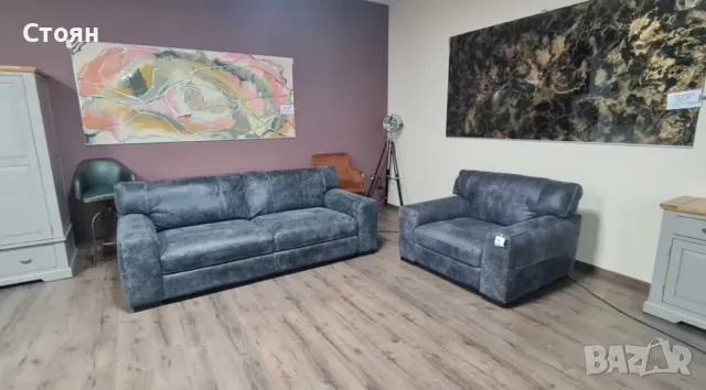 Сив кожен комплект тройка и фотьойл - телешки бокс, снимка 2 - Дивани и мека мебел - 50059154