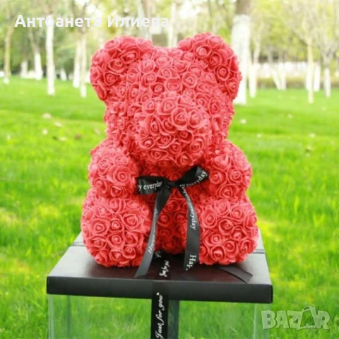 Мече изработено от рози с панделка, 38см, снимка 4 - Подаръци за жени - 50910461