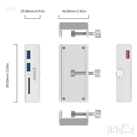 Orico хъб USB 3.0 HUB Clip Type 2 port, SD card reader - aux Micro-USB power input, Aluminum - MH2AC, снимка 2 - Други - 43999875