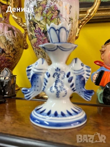 Гжел 🫶 Свещник Русия Ръчно рисуван Височина-13.5 см , снимка 6 - Декорация за дома - 51322790