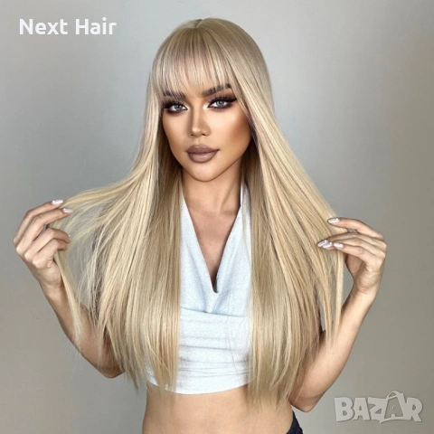 Права перлено руса синтетична перука с бретон 65 см, снимка 3 - Аксесоари за коса - 53520058