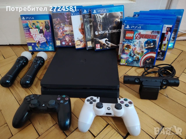 Ps4 + 16 игри на дискове + 2 джойстика + 2 муув контролера + 1 камера