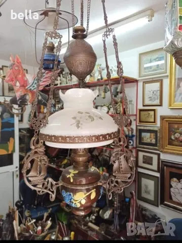 Стар масивен антикварен  полилей ,рисувана керамика ,рисувано стъкло,газено шише,действащ
