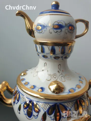 Гжель декоративен съветски руски порцеланов самовар с чайник/СССР Русия 27см, снимка 5 - Вази - 46686456