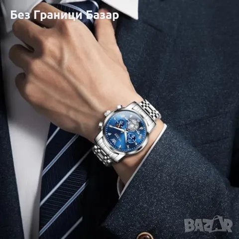 Нов Мъжки хронограф часовник неръждаема стомана водоустойчив аксесоар, снимка 2 - Мъжки - 49483502