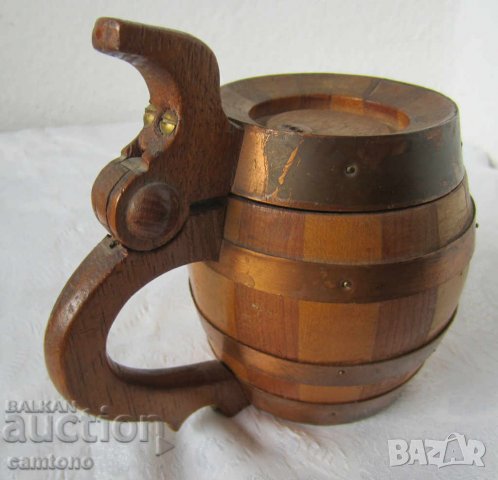 Стара дървена халба с капак, съд, Германия, форма буре, снимка 1