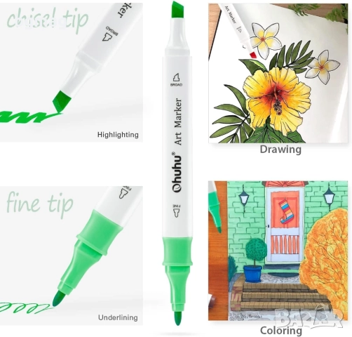 Ohuhu Fine Art Pens маркери с два писеца тип "Chisel" и "Fine", комплект 48 цвята, на алкохолна осно, снимка 8 - Ученически пособия, канцеларски материали - 52186358