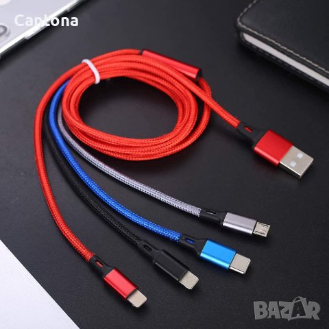 Amuvec 4-в-1 плетен найлонов кабел за много устройство120 см, 2 x Lighting,Type-C имикро USB, 3A, снимка 5 - USB кабели - 40722771