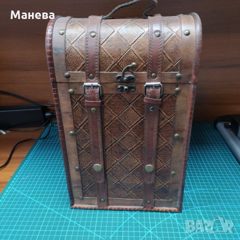 Кутия за 2 бутилки вино от дърво и кожа
