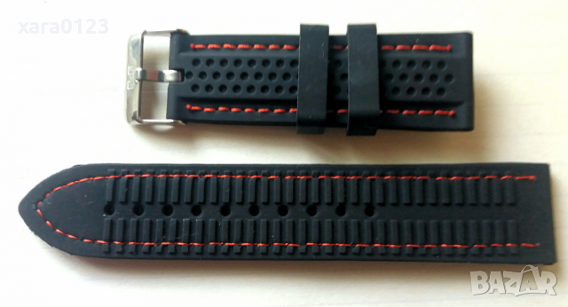 Черна силиконова каишка с червен конец 24мм., снимка 4 - Каишки за часовници - 36535209