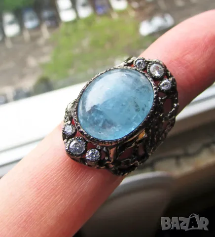 Сребърен простен с аквамарин 16х13мм , снимка 4 - Пръстени - 45324459