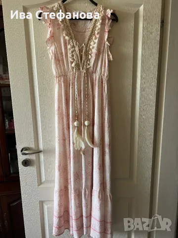 Разкошна дълга  ежедневна елегантна лятна плажна рокля бохо стил 100 % вискоза с акцент пера, снимка 5 - Туники - 50163044