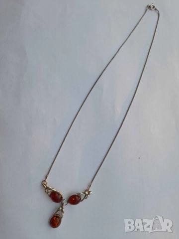 Ретро френско колие сребро с естествен кехлибар 