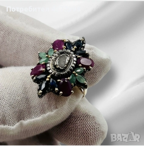 Уникален винтидж пръстен със златен ринг, сребърна основа и естествени скъпоценни камъни