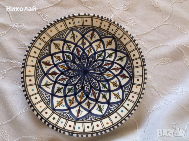 Керамична декоративна чиния, ръчна изработка, 25 см. диаметър, уникат, Тунис, нова, занаятчийска, снимка 3 - Декорация за дома - 52262062