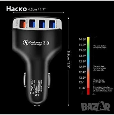 Бързо зарядно за телефон 4 USB, QC3.0, 12-24VDC, 7A, 35W, снимка 2 - Зарядни за кола - 53441287