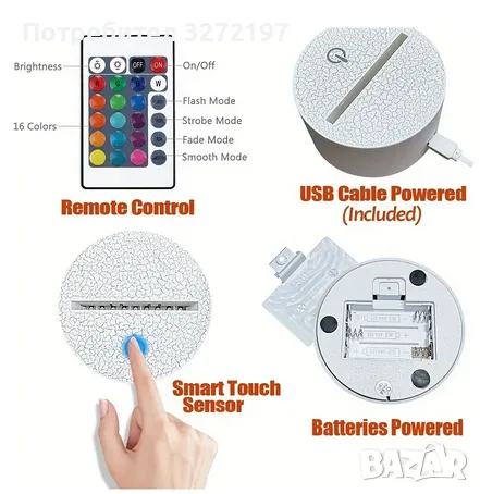 Холограмна 3D LED лампа Малката Русалка-дистанционно управление 16 цвята+други режими на управление, снимка 9 - Настолни лампи - 49587420