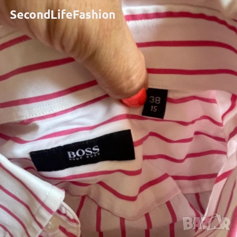 Мъжка риза BOSS с къс ръкав бяло/розово памук размер 38 М, снимка 2 - Ризи - 53119389