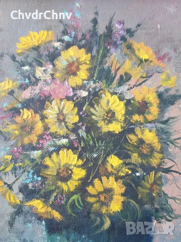 47х40см/малка стара картина масло върху платно-фазер/натюрморт ваза с цветя/дървена рамка, снимка 3 - Картини - 50823395