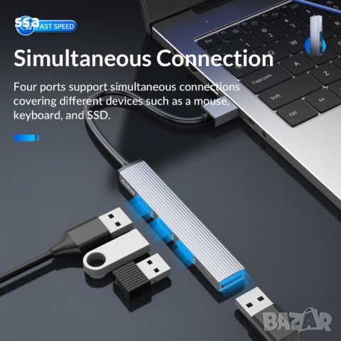 Orico хъб USB3.0/2.0 HUB 4 port, Aluminum - AH-A13-GY, снимка 9 - Други - 43061208