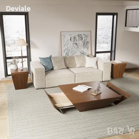 Модерна Минималистична дървена трапецовидна холна масичка за кафе с място за съхранение, орехов фурн, снимка 6 - Маси - 48397647