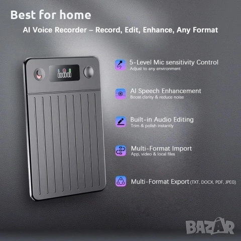64GB професионален AI гласов рекордер – Аудио рекордер с автоматична транскрипция, снимка 3 - Други - 53443713