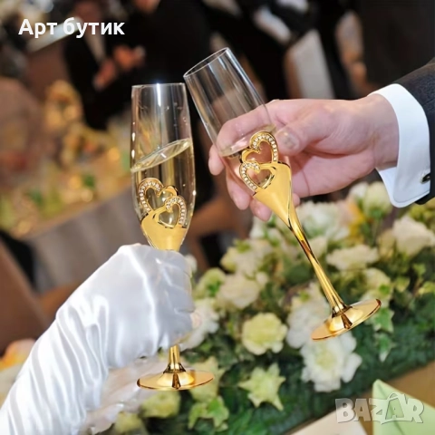 Луксозен комплект сватбени чаши с прибори за торта , снимка 3 - Декорация - 52572394