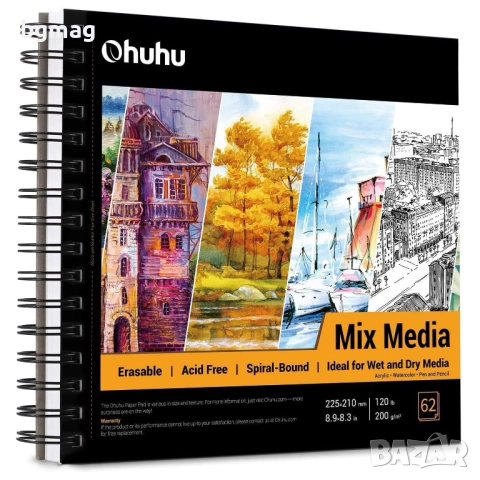 Ohuhu скицник 225x210 mm,със спирала,124 страници/62 листа-200g/m²-Твърди корици-Блок за рисуване