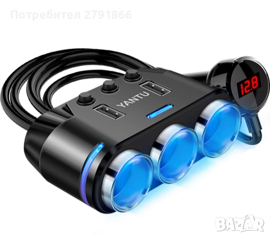 YANTU с кабел, 3 гнезда, разклонител за запалка, двойно USB зарядно за кола с LED монитор 12V/24V