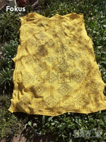 Стара голяма жълта покривка плетена на една кука, снимка 2 - Антикварни и старинни предмети - 53280144