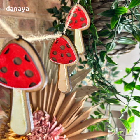 6096 Декоративни дървени гъбки на връзка, гирлянда за украса, снимка 2 - Декорация за дома - 51794108