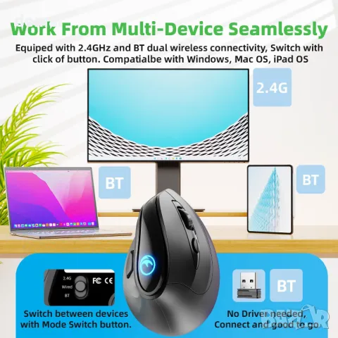 IFYOO 2.4G/BT/кабелна, трирежимна RGB акумулаторна безжична вертикална ергономична мишка G53, снимка 3 - Клавиатури и мишки - 49623266