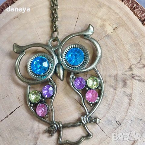 3287 Дамско колие Бухалче с цветни камъни, снимка 2 - Колиета, медальони, синджири - 38871588