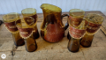 Винтидж комплект за  Сангрия от кехлибарено стъкло 70- те години на миналия век. Кана и 6 чаши