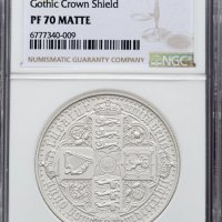 2022 Gothic Crown Shield MATTE - Alderney - 2oz £5 - NGC PF70 - Сребърна Монета на Great Engravers, снимка 1 - Нумизматика и бонистика - 43724874