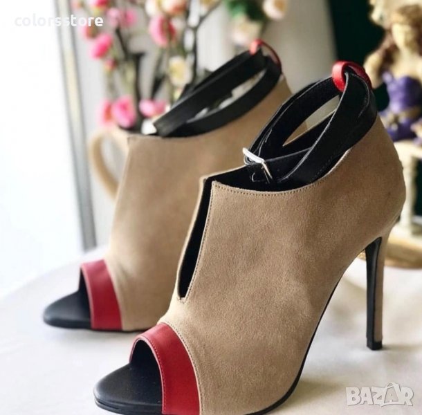 Летни боти на ток - бежови с черна каишка - NB200, снимка 1